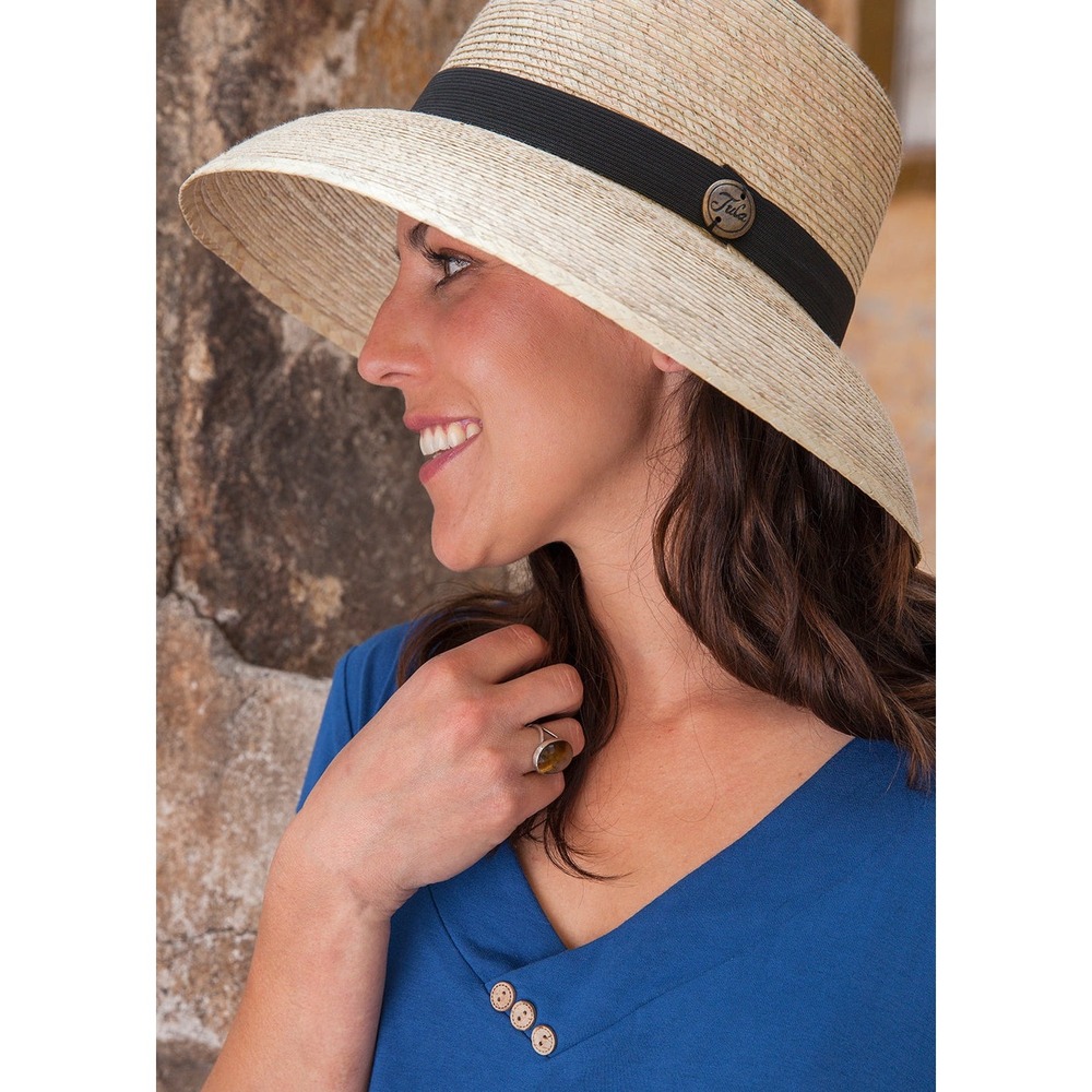 Tula Natural Palm Leaf Sun Hat Handwoven UPF 50+ Tan Black Ribbon Sold Out Style - Picture 5 of 7